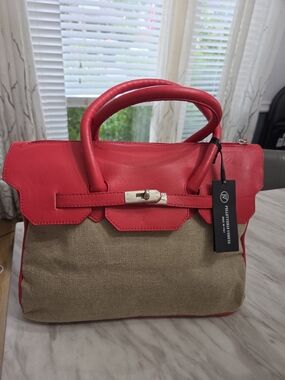 Pelletteria Veneta in Italy Leather Linen Satchel Tote Handbag Coral Red